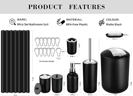 ALPIRIRAL Bathroom Set, 20Pcs Bathroom Shower Curtain Sets with Hooks, Black Bathroom Accessories Set with Trash Can, Bathroom Accessories Sets Complete with Shower Curtain Set, Bathroom Accessory Set