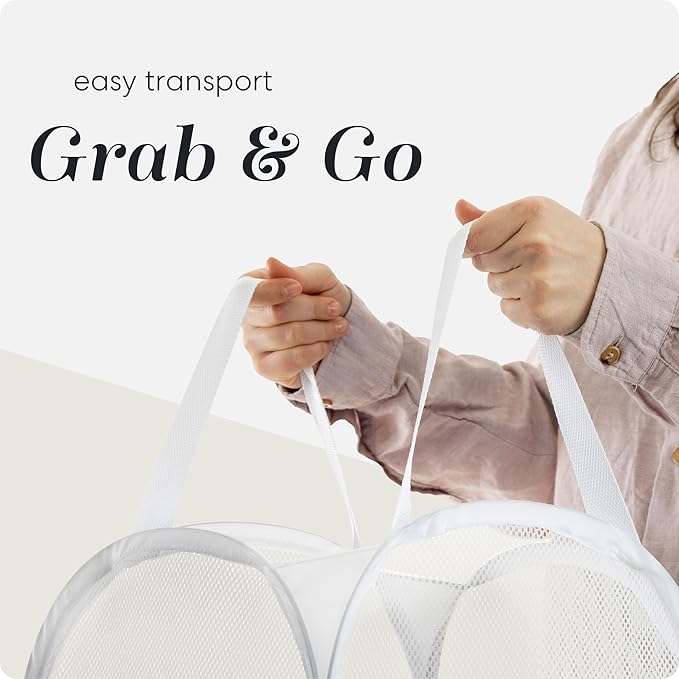 Handy Laundry Collapsible Mesh Pop Up Hamper with Wide Opening and Side Pocket - Breathable, Sturdy, Foldable, and Space-Saving Design for Clothes and Storage (White)