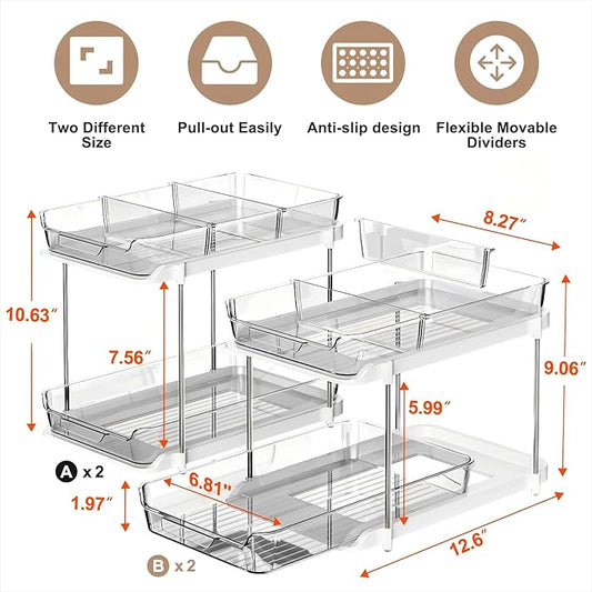 Delamu 2-Tier Multi-Purpose Bathroom Under Sink Organizers and Storage, Stackable Kitchen Pantry Organization, Pull Out Medicine Cabinet Organizer with Movable Dividers, Grey, 4 Pack