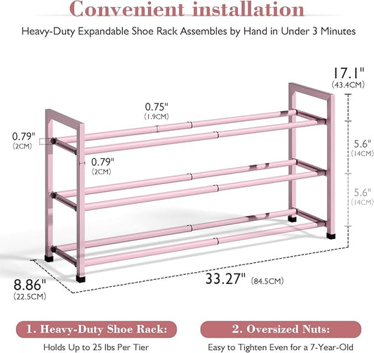 Bumusty 3-Tier Expandable Shoe Rack for Closet, 18“-33” Adjustable Shoe Rack for Small Space, Small Shoe Organizer for Front Door, Sturdy Metal, Pink