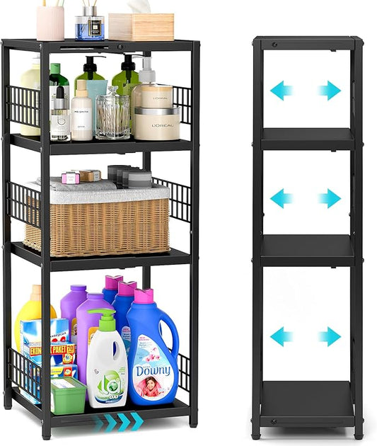 DAOUTIME Expandable Slim Storage Shelf, 4 Tier Metal Shelving Unit for Bathroom Storage Organizer, Freestanding Narrow Shelf for Small Spaces, Open Floor Shelves for Bathroom, Laundry Room, Kitchen