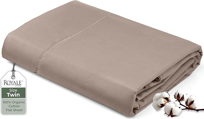 Royale Linens 100% Organic Cotton Twin Flat Sheet Only - Super Soft - Percale Top Sheets - Twin Flat Sheet Sold Separately - Breathable, Cool & Crisp White Sheets Only (66" x 102", Mocha)