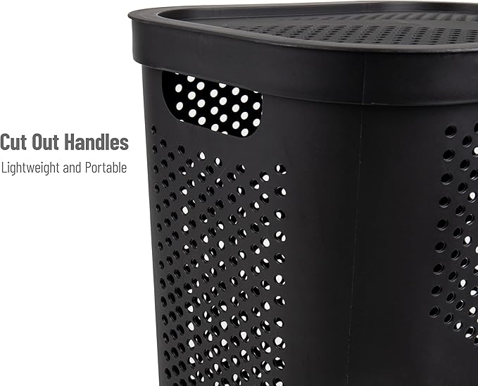 Mind Reader Slim Laundry Hamper with Lid, 60L Clothes Basket, Ventilated Plastic, Black