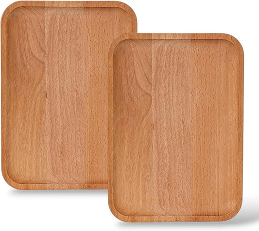 2 Pack Solid Wood Serving Platters and Trays of Natural with Edge,Rectangular Avoid Sliding and Spilling Food (Wood 10x7Inch)