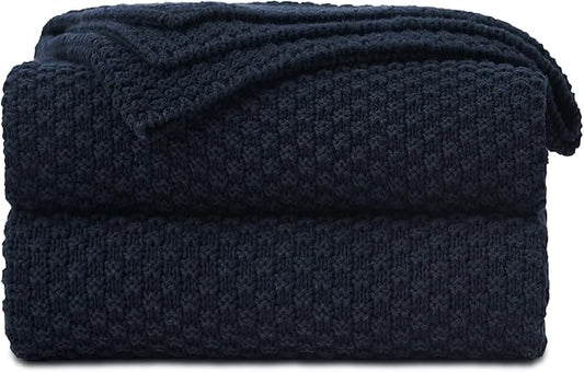 Longhui bedding Dark Navy Blue Knitted Throw Blanket for Couch, Soft, Cozy Machine Washable 100% Cotton Sofa Knit Blankets, Heavy 3.0lb Weight, 51 x 63 Inches, Dark Navy Blue Color.