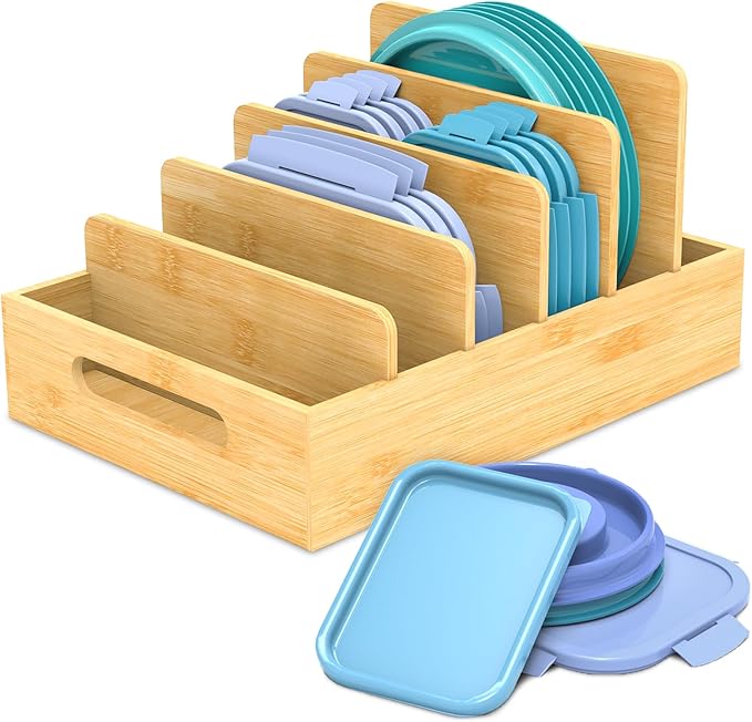 Retro Shaw Bamboo Food Container Lid Organizer with Adjustable Dividers for Cabinet, Lid Organizer for Plastic Lids and Covers Kitchen Storage and Organization