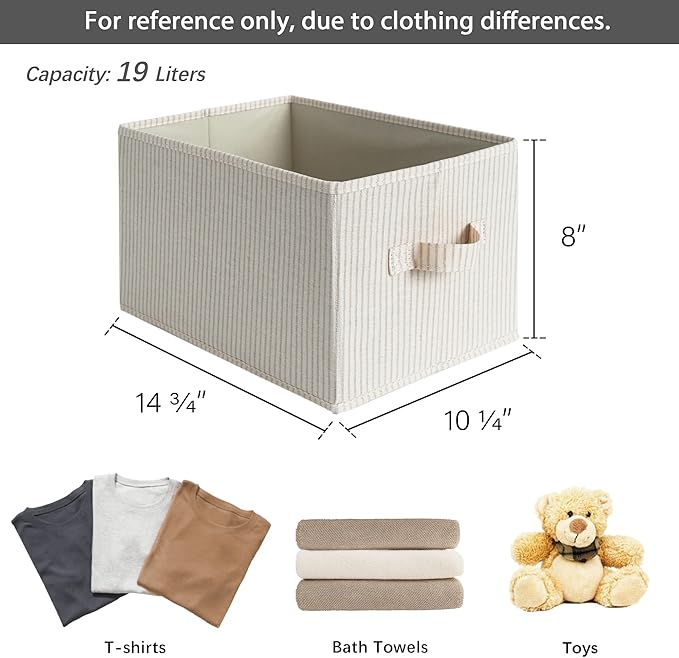 StorageWorks Storage Baskets for Shelves, Foldable Fabric Closet Storage Bins with Handles, Fabric Storage Bins Clothes Organizer, Beige Stripes, 3-Pack, Large