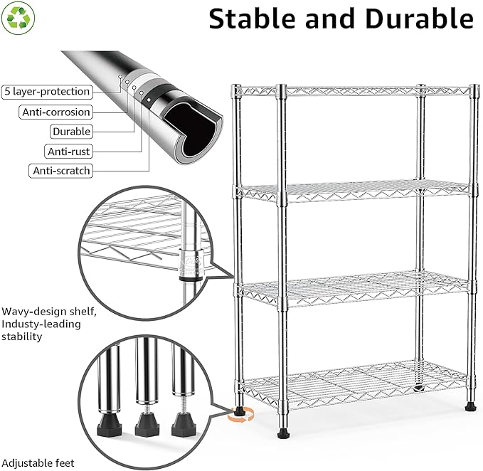 M MZG 1000 lbs Storage Shelving Steel Heavy Duty 4-Tier Utility Shelving Unit Steel Organizer Wire Rack for Home,Kitchen,Office,Chrome (13.7" D x 29.5" W x 47.2" H)