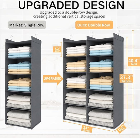 ALLTIDYUP Grey 5-Tier Hanging Closet Storage Organizer - Space-Saving Dual-Row Foldable Shelves with 3 Hooks, Wardrobe Organizer for Dorm, Bedroom, Clothes and Accessories