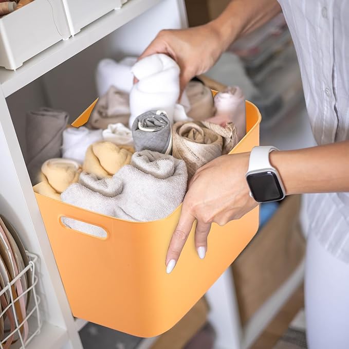Hoolerry 8 Pieces Colorful Storage Bins with Lid, Plastic Storage Basket Organizing Container Stackable Box with Handle for Shelves Desktop Playroom Office(14.2 x 10.2 x 9.5 Inch,Yellow)