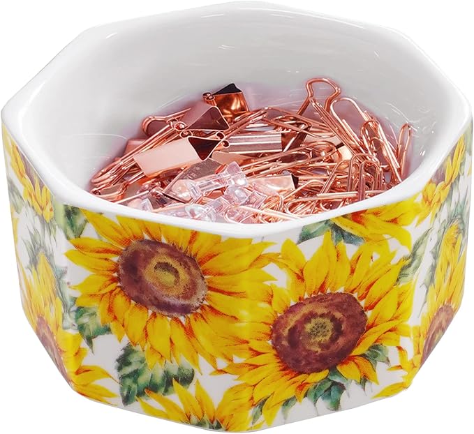LEAZUL Ceramic Paper Clip Holder Gold Line Paper Clip Dispenser Organizer for Desk Cute Floral Flower Pattern Office Binder Clip Holder Bobby Pin and Hair Clip Holder Gift for Office Sunflowers