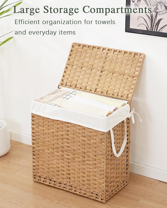 SETVSON Laundry Hamper with Lid Wicker Laundry Basket 112 L (29.6 Gal) Laundry Hampers Handwoven Rattan Clothes Hamper with Handles 3 Removable Liner Bag, 6 Mesh Bags for Bathroom Bedroom Natural
