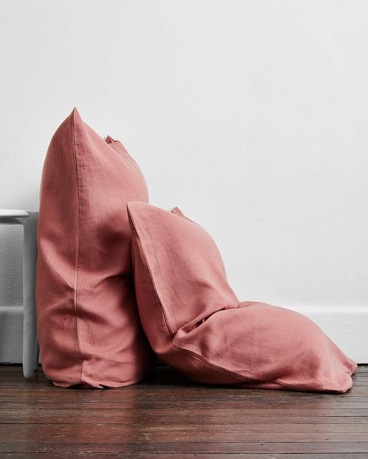 Bed Threads - Linen Pillowcases - 100% French Flax Linen - Luxury & Eco-Friendly - Breathable, Natural & Soft - Envelope Opening - Machine Washable - Standard Size - 30” x 20” - Set of 2 - Pink Clay