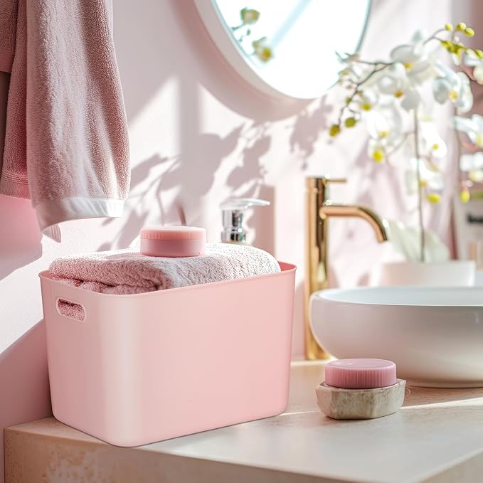 Hoolerry 8 Pieces Colorful Storage Bins with Lid, Plastic Storage Basket Organizing Container Stackable Box with Handle for Shelves Desktop Playroom Office(14.2 x 10.2 x 9.5 Inch,White and Pink)