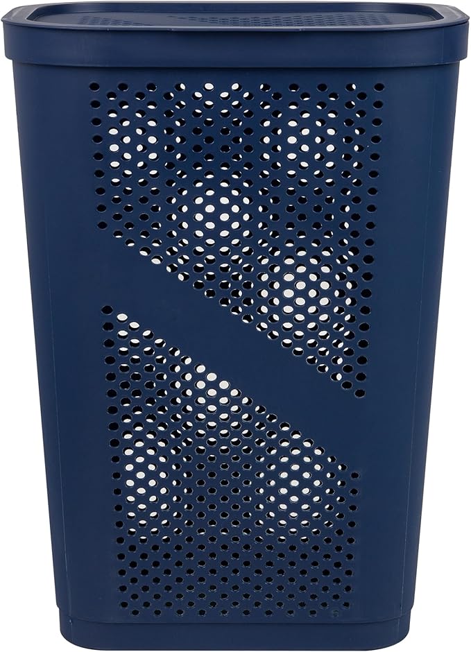 Mind Reader Slim Laundry Hamper with Lid, 60L Clothes Basket, Ventilated Plastic, Navy