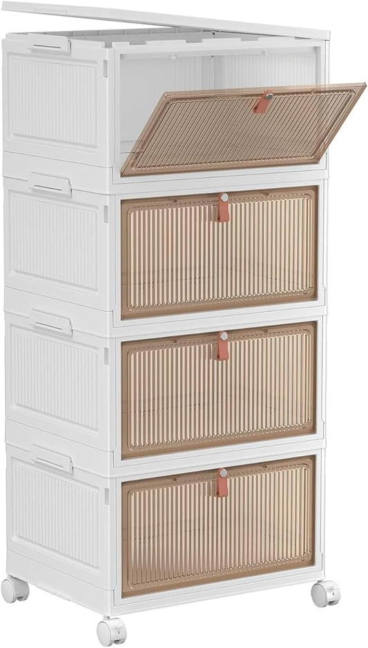 YFXCVSL 4 Tier Plastic Storage Bins with Lid 28QT - Stackable Storage Containers with Wheels, Folding Storage Boxes, Collapsible Storage Bins, Closet Organizers and Storage