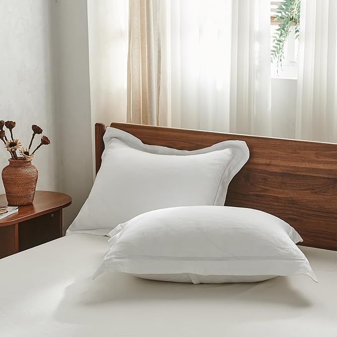 Simple&Opulence 100% French Linen Pillowcase Queen Size Set of 2, Pure Flax Pillow Covers with Embroidered, Solid Color Pillow Cases with Overlap Closure -Soft and Durable (20" X 26", White)