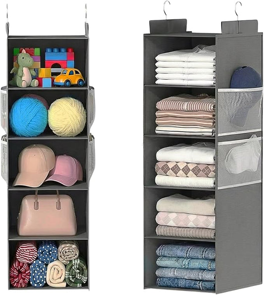 Deep Hanging Closet Organizers and Storage, Closet Hanging Storage Shelves with 5 Shelves and 4 Mesh Pockets, Heavy-Duty Closet Organizer for Clothes, Hats, and RVs and Dorm Essential,1-Pack, Grey