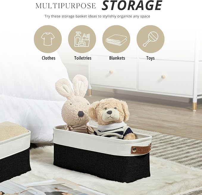 DECOMOMO Narrow Storage Bins Small Baskets for Organizing Bathroom, Toilet Tank, Towel Storage, Entryway, Gifts (Black and White - Set of 4)