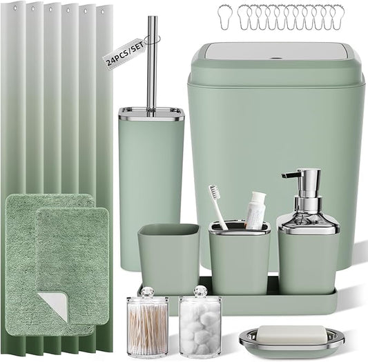 XLHOMO Sage Green Bathroom Set - 24PC Bathroom Sets with Shower Curtain and Rugs, Sage Green Bathroom Accessories Set with Press-on Lid Bathroom Trash Can, Soap Dispenser
