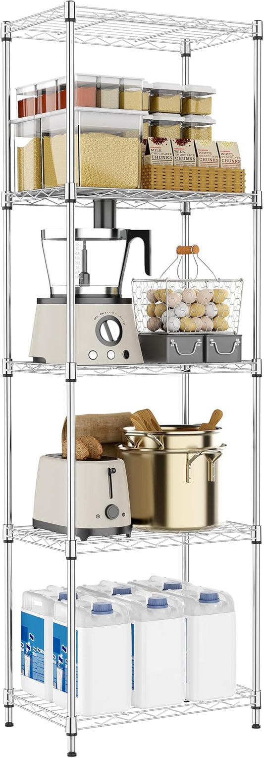 M MZG 5 Tiers Shelf Metal Storage Shelves Wire Rack Closet Organizers with Wheel for Garage Kitchen Bathroom Laundry Chrome 11.8" D x 17.7" W x 55" H