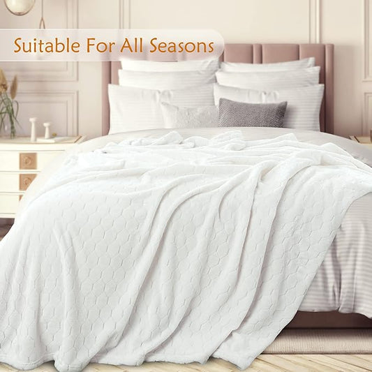 TOONOW Fleece Bed Blanket Queen Size 90x90 inches, Super Soft Fluffy Fuzzy Plush Blanket Geometric Pattern Cozy Microfiber Flannel Blankets for Couch, Bed, Sofa, Cream White