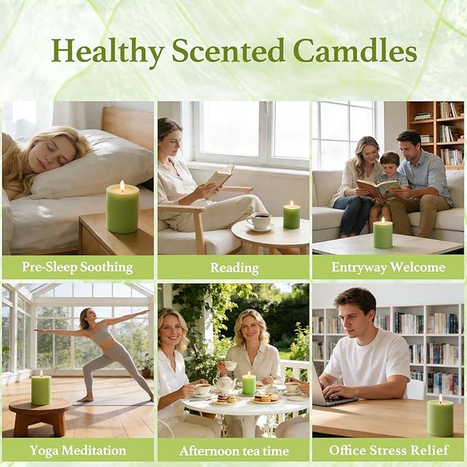 4 Pack Sage & White Tea Scented Pillar Candles,Natural Soy Wax Pillar Candles-2.8x4In,60H Long Lasting Burning Fragrance Candles for Home,Spa,Stress Relief & Wedding,Dinner Table(Sage Green)