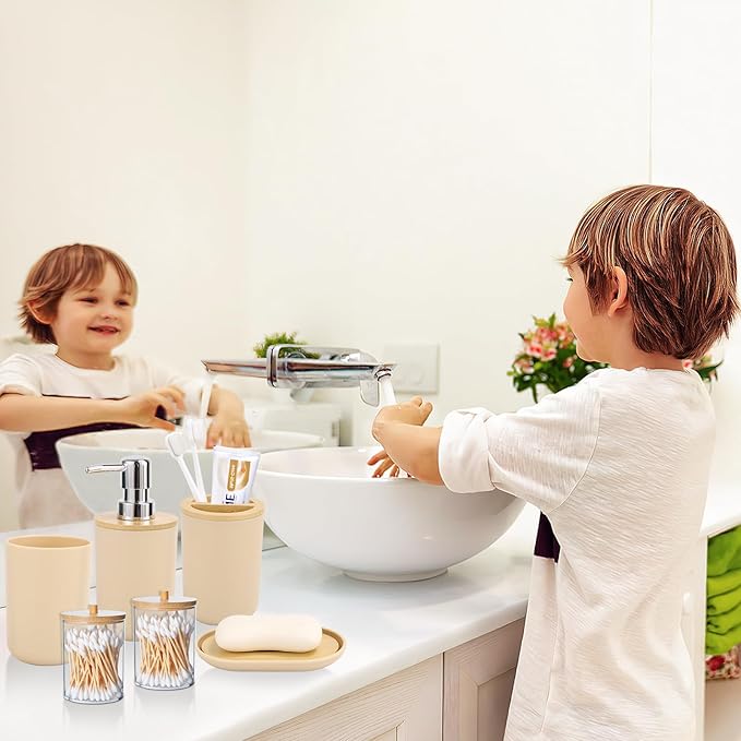 SLDIYWOW Bathroom Accessories, Beige Bathroom Accessories Sets Complete with Trash Can,Tray,Soap Dispenser,Toothbrush Holder,Toothbrush Cup,Soap Dish,Toilet Brush and Q-tip Holders for Bathroom