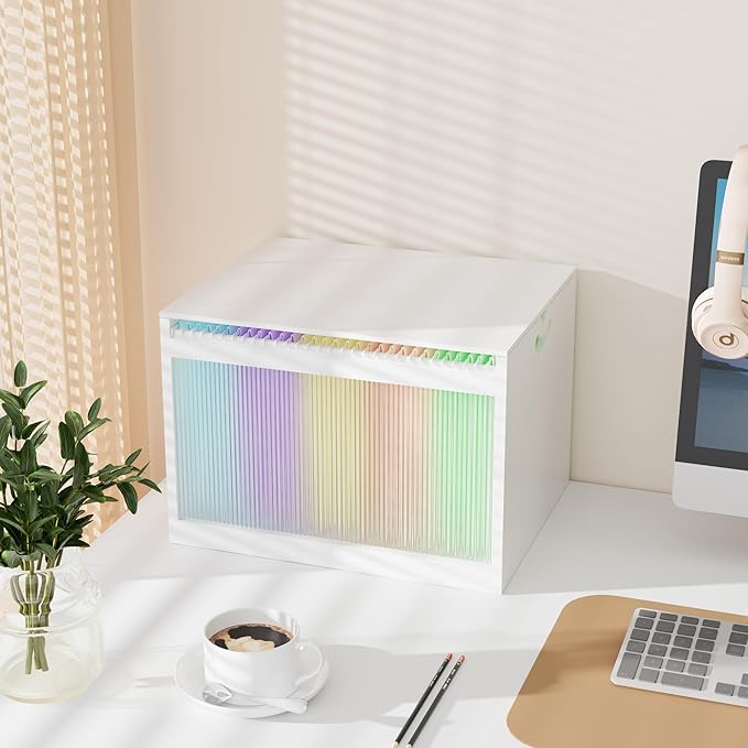 LONTAI White Bamboo Acrylic File Box with Hanging Folders, Letter/Legal Size, Dustproof, Home Office File Organizer