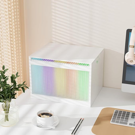 LONTAI White Bamboo Acrylic File Box with Hanging Folders, Letter/Legal Size, Dustproof, Home Office File Organizer