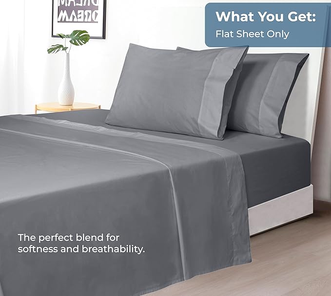 Royale Linens 100% Organic Cotton Queen Flat Sheet Only - Super Soft - Percale Top Sheets - Queen Flat Sheet Sold Separately - Breathable, Cool & Crisp Grey Sheets Only (90" x 102", Grey)