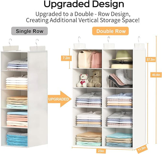 ALLTIDYUP White 5-Tier Hanging Closet Storage Organizer - Space-Saving Dual-Row Foldable Shelves with 3 Hooks, Wardrobe Organizer for Dorm, Bedroom, Clothes and Accessories