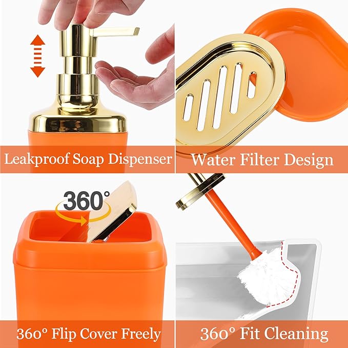 XLHOMO Bathroom Set - Orange Bathroom Sets with Shower Curtain and Rugs, 24PCS Shower Curtain Set with Hooks, Soap Dispenser, Soap Dish, Toilet Brush Holder and Trash Can for Housewarming