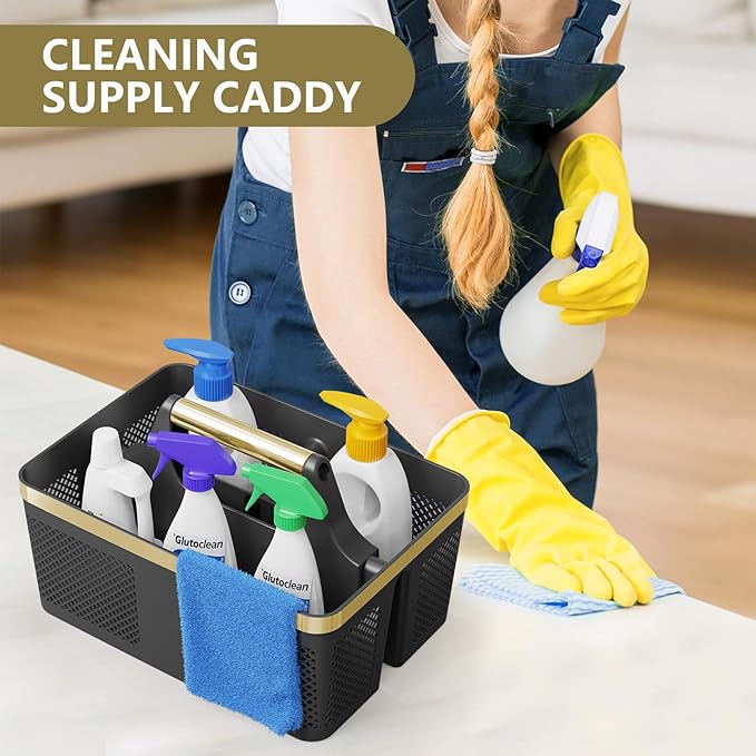 BYUNER Shower Caddy Dorm Men: Plastic Bathroom Caddy Organizer with Handle and Holes, Bath Caddy for College Dorm, Portable Shower Basket Tote for Toiletry, Travel, GYM, Camp Essentials Black/Gold