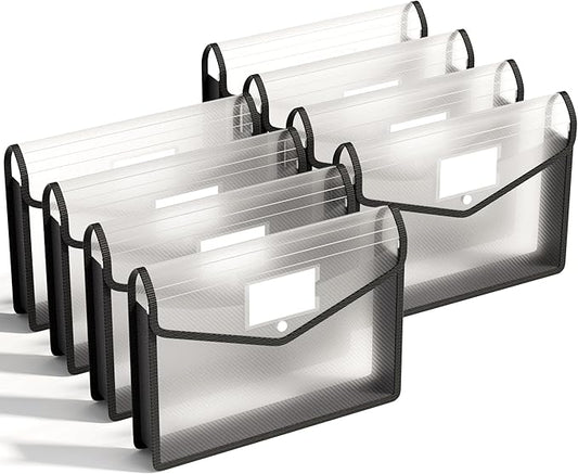 ABC life 8 Pack Plastic Expanding File Folder, Folders for Documents with Snap Closure, Black File Folder Organizer Holder, Transparent Accordion File Pouch,Large Capacity, Fit Letter/A4 Size - Black