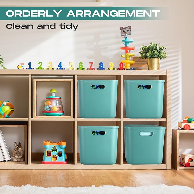 Hoolerry 8 Pieces Colorful Storage Bins with Lid, Plastic Storage Basket Organizing Container Stackable Box with Handle for Shelves Desktop Playroom Office(14.2 x 10.2 x 9.5 Inch,Green)