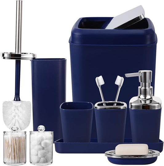 XLHOMO Navy Blue Bathroom Accessories Set, 9-Piece Plastic Gift Set with Trash Can, Toothbrush Holder, Toothbrush Cup, Soap Dispenser, Soap Dish, Toilet Brush Holder,2 Qtip Holder Dispensers and Tray