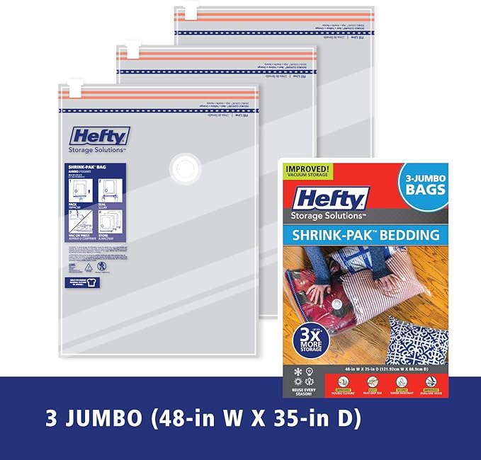 Shrink-Pak Space Bags Vacuum Storage Bags for Bedding Jumbo Compression 3 Pack Clear for Comforters Blankets (3 Jumbo/Bedding Solo)