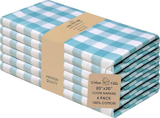 Urban Villa Cotton Dinner Napkins Set of 6, Highly Absorbent 20x20 Inches Premium Cloth Napkins Hotel Quality Reusable & Washable Table Dinner Napkins for Home & Weddings - Aqua/White, Checks