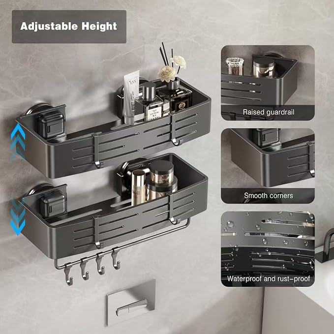 Voldra Shower Caddy Suction Cup, 3 Pack Shower Shelves for Inside Shower No Drilling, Aluminum Suction Showers Organizer with Towel Bar & Hooks Removable Bathroom Shelf Storage Rack(Gray)