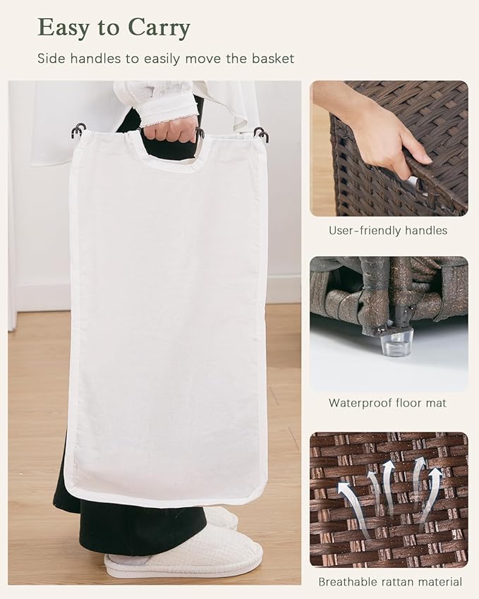 SETVSON Laundry Hamper with Lid Wicker Laundry Basket 112 L (29.6 Gal) Laundry Hampers Handwoven Rattan Laundry Hamper with Handles 3 Removable Washing Bag, 6 Mesh Bags for Bathroom Bedroom Brown