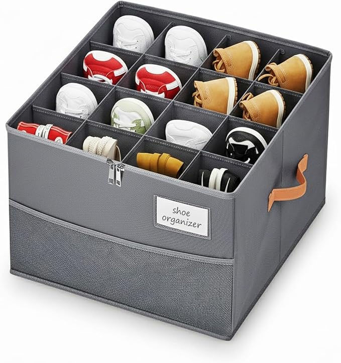 Chewlish Shoe Organizer for Closet, Foldable Shoe Storage Organizer Containers with Clear Cover, Space Saving Shoes Holder with Handles, Gray (1, Large)