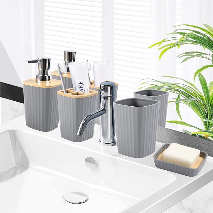 XLHOMO Grey Bathroom Accessories Set, 9 Piece Gray Bathroom Set, Bathroom Accessory Sets Compelete with Trash Can, Toothbrush Holder, Cup, Lotion Dispenser, Tray, Soap Dish, Toilet Brush, Qtip Holders
