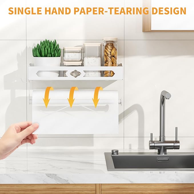White Paper Towel Holder Wall Mount with Shelf - Adhesive Hand Towel Rack, Space-Saving for Bathroom, Kitchen, RV Camper