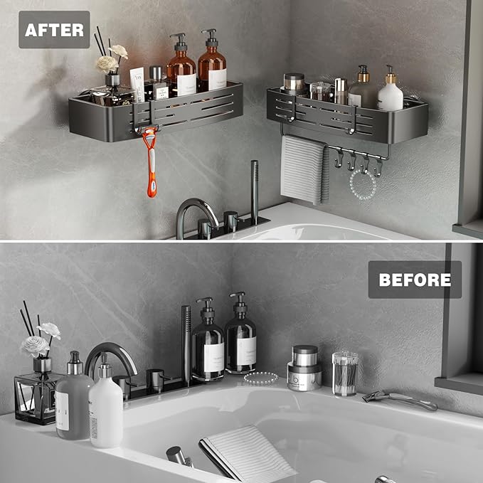 Voldra Shower Caddy Suction Cup, 3 Pack Shower Shelves for Inside Shower No Drilling, Aluminum Suction Showers Organizer with Towel Bar & Hooks Removable Bathroom Shelf Storage Rack(Gray)