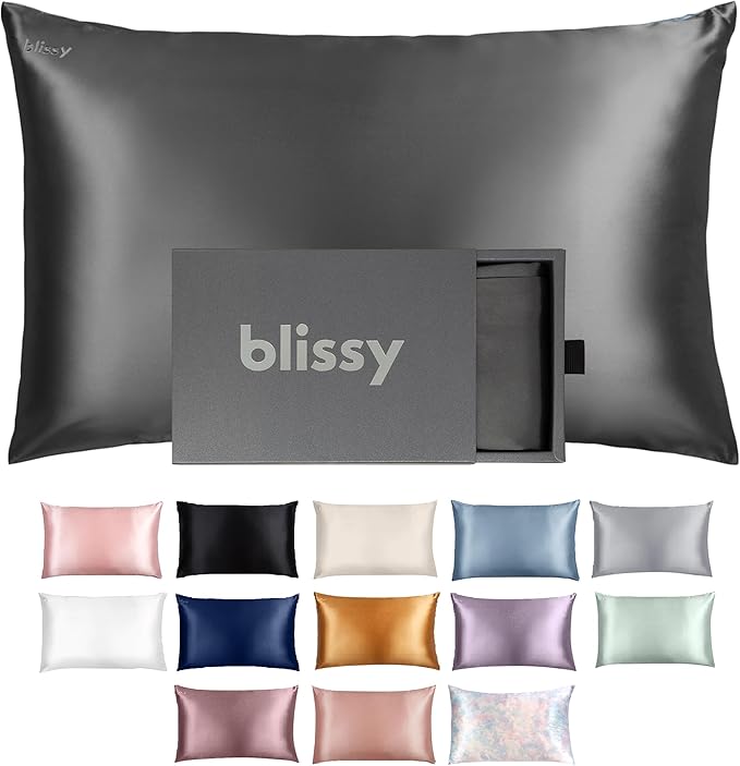 Blissy Silk Pillowcase - 100% Pure Mulberry Silk - 22 Momme 6A High-Grade Fibers - Silk Pillow Cover for Hair & Skin - Regular, Queen & King (Gray, King)