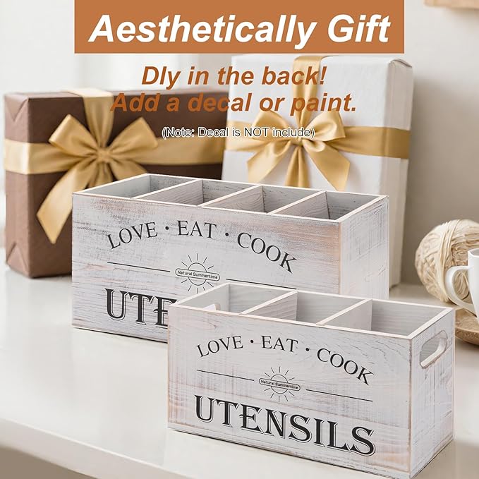 2 Pack Utensil Holder, 6.7"+6.18" Wooden Utensil Holder for Kitchen Countertop, Large Wood Utensil Organizer with Partition for Silverware and Cooking Storage, Farmhouse Kitchen Decor