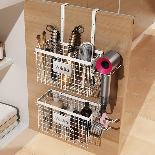 Voldra 2 Pack Hair Dryer Holder Cabinet Door, Adhesive Hair Tool Organizer Wall Mount Adjustable Height Blow Dryer Holder Under Sink for Flat Curling Iron, Hair Brush and Straightener(White)