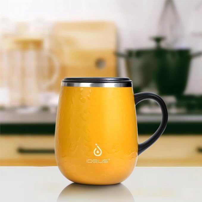 Ideus 16 oz Insulated Coffee Mug with Handle and Lid, Double Wall Stainless Steel Vacuum Thermal Coffee Mug, Travel Coffee Cup Thermal Cup for Home and Office, Leopard Yellow