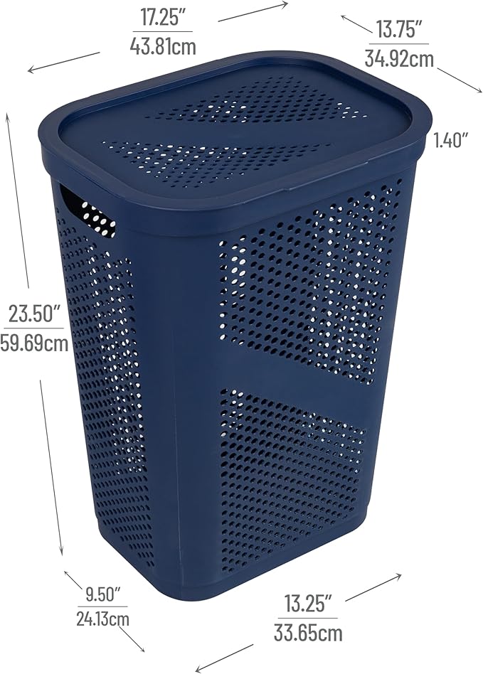 Mind Reader Slim Laundry Hamper with Lid, 60L Clothes Basket, Ventilated Plastic, Navy